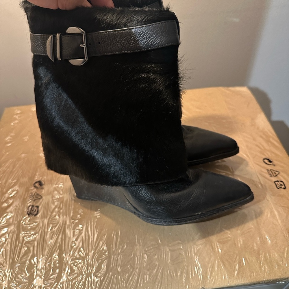 SCHUTZ Black Fur Wedge Boots